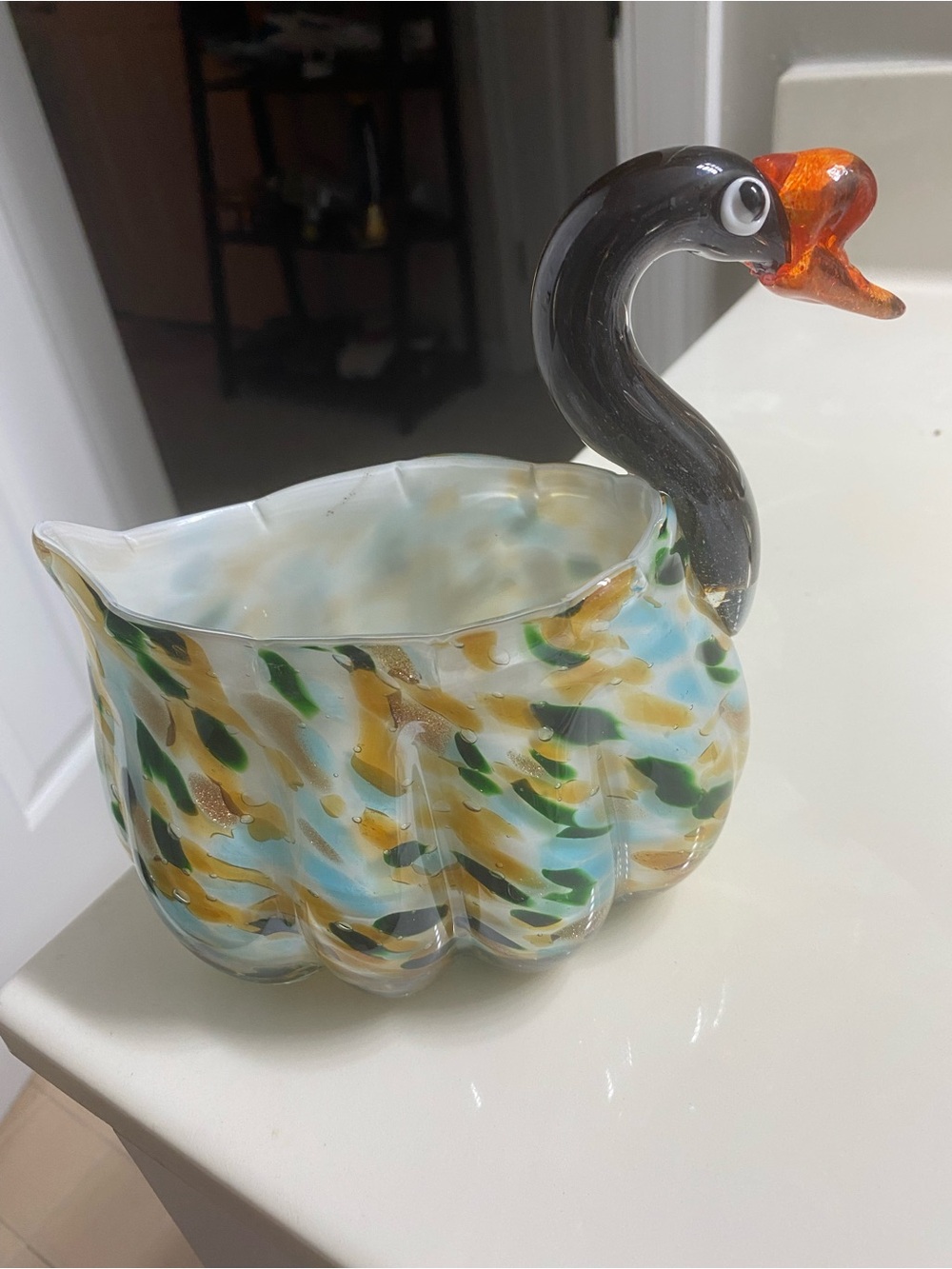 Handblown Glass Swan Vase in Multicolor with Black Neck